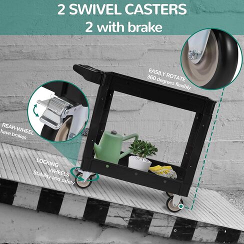 Service Utility Cart, 2-Shelf 550LBS Heavy Duty Plastic Rolling Tool Cart 2 Swivel Casters with Brakes, Ergonomic Storage Handle for Warehouse, Garage, Cleaning, Manufacturing - Black in Kuwait