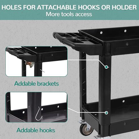 Service Utility Cart, 2-Shelf 550LBS Heavy Duty Plastic Rolling Tool Cart 2 Swivel Casters with Brakes, Ergonomic Storage Handle for Warehouse, Garage, Cleaning, Manufacturing - Black in Kuwait