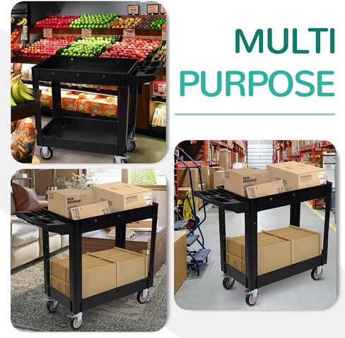 Service Utility Cart, 2-Shelf 550LBS Heavy Duty Plastic Rolling Tool Cart 2 Swivel Casters with Brakes, Ergonomic Storage Handle for Warehouse, Garage, Cleaning, Manufacturing - Black in Kuwait