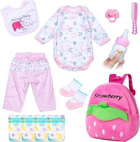 Pedolltree 12 Pcs Set Reborn Dolls Newborn Baby Girl Clothes Pink Elephant Outfit Accessories for 17-22 Inch Reborn Baby Dolls with Strawberry Backpack&Feeding Set in Saudi Arabia