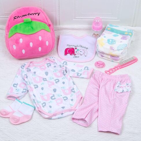 Pedolltree 12 Pcs Set Reborn Dolls Newborn Baby Girl Clothes Pink Elephant Outfit Accessories for 17-22 Inch Reborn Baby Dolls with Strawberry Backpack&Feeding Set in Saudi Arabia