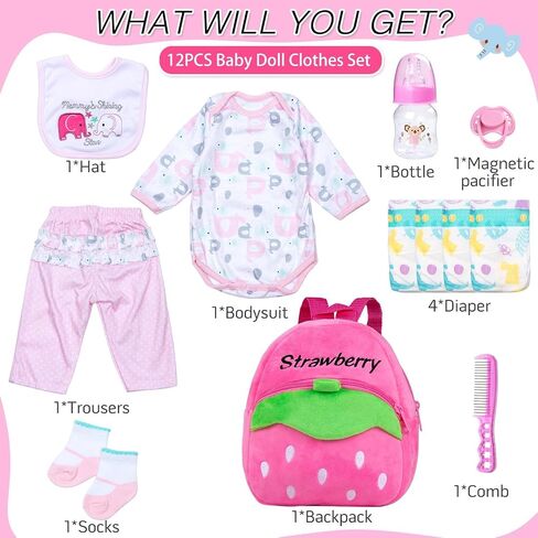 Pedolltree 12 Pcs Set Reborn Dolls Newborn Baby Girl Clothes Pink Elephant Outfit Accessories for 17-22 Inch Reborn Baby Dolls with Strawberry Backpack&Feeding Set in Saudi Arabia
