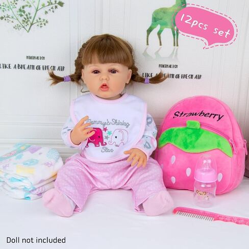 Pedolltree 12 Pcs Set Reborn Dolls Newborn Baby Girl Clothes Pink Elephant Outfit Accessories for 17-22 Inch Reborn Baby Dolls with Strawberry Backpack&Feeding Set in Saudi Arabia