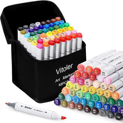 علامات الكحول Vitoler 48 ألوانًا ، علامات تلوين نصيحة مزدوجة ، إزميل ونصيحة رائعة للطلاء الكتب ، علامة فن لتصنيع البطاقات الفنية لوازم مدرسية in Kuwait