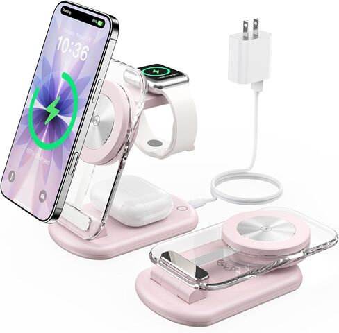 3 in 1 Magnetic Wireless Charging Station for Apple Devices, Fast Foldable Travel Mag-Safe Charger Stand with Night Light for iPhone 15 14 13 12 Series, Apple Watch/AirPods Pro in Saudi Arabia