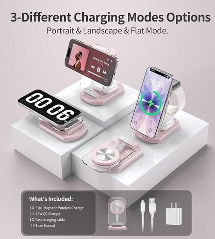 3 in 1 Magnetic Wireless Charging Station for Apple Devices, Fast Foldable Travel Mag-Safe Charger Stand with Night Light for iPhone 15 14 13 12 Series, Apple Watch/AirPods Pro in Saudi Arabia