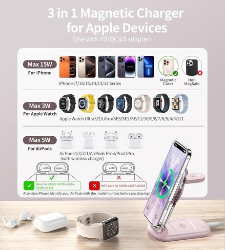 3 in 1 Magnetic Wireless Charging Station for Apple Devices, Fast Foldable Travel Mag-Safe Charger Stand with Night Light for iPhone 15 14 13 12 Series, Apple Watch/AirPods Pro in Saudi Arabia
