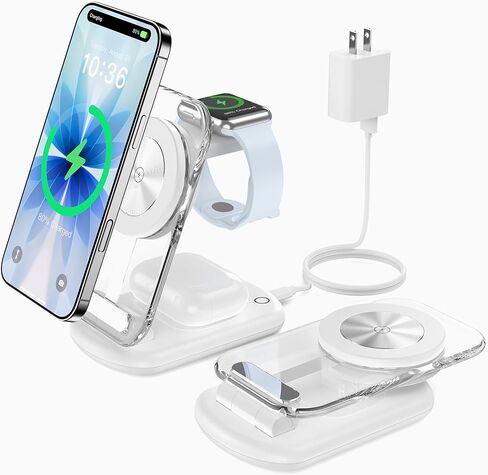 3 in 1 Magnetic Wireless Charging Station for Apple Devices, Fast Foldable Travel Mag-Safe Charger Stand with Night Light for iPhone 15 14 13 12 Series, Apple Watch/AirPods Pro in Kuwait