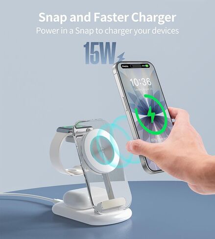 3 in 1 Magnetic Wireless Charging Station for Apple Devices, Fast Foldable Travel Mag-Safe Charger Stand with Night Light for iPhone 15 14 13 12 Series, Apple Watch/AirPods Pro in Kuwait
