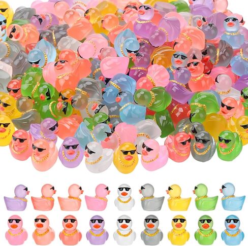 180 Pack Luminous Mini Resin Ducks, Funny Social Duck Tiny Duck Bulk Glow in The Dark, Miniature Sunglasses Ducks Figures Wearing Gold Chain, Car Dashboard, Hippop Party Decor (9 Colors) in Saudi Arabia