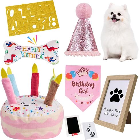 Dog Birthday Toy Set & Decorations for Dogs, Includes Squeaky Cake Toy, Plush Bones, Birthday Hats, Bandana, Paw Print Kit & Photo Frame. Dog Birthday Gift Supplies, Blue in Kuwait