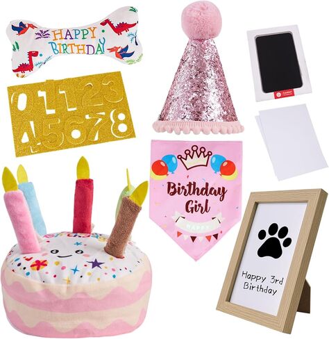 Dog Birthday Toy Set & Decorations for Dogs, Includes Squeaky Cake Toy, Plush Bones, Birthday Hats, Bandana, Paw Print Kit & Photo Frame. Dog Birthday Gift Supplies, Blue in Kuwait