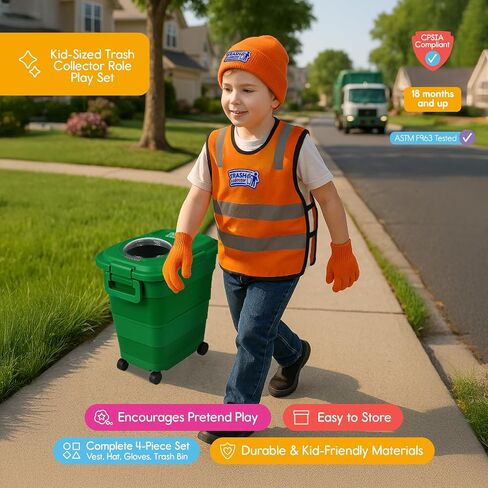 Trash Collector Costume & Pretend Play Set for Kids Ages 2–6 – Includes Vest, Hat, Gloves & Rolling Trash Can in Saudi Arabia