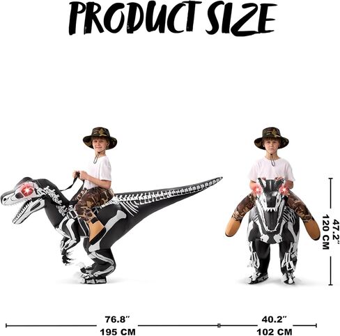 Spooktacular Creations Kids Halloween Inflatable Costumes, Raptor Blow Up Costume with Skeleton Digital Printing, Ride On Dinosaur Inflatable Suit for Halloween Cosplay Themed Party in Kuwait