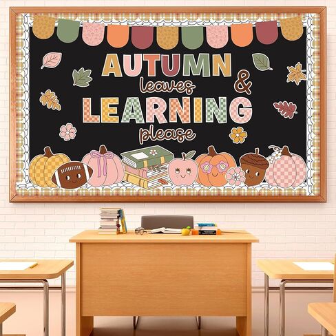 Autumn Bulletin Board Set Fall Classroom Decoration Autumn Leaves & Learning Please Cutouts Retro Groovy Leaves Pumpkins for School Home Office Chalkboard Whiteboard Wall Window Door Decor Supplies in Saudi Arabia