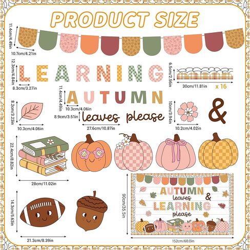 Autumn Bulletin Board Set Fall Classroom Decoration Autumn Leaves & Learning Please Cutouts Retro Groovy Leaves Pumpkins for School Home Office Chalkboard Whiteboard Wall Window Door Decor Supplies in Saudi Arabia