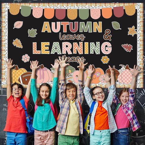 Autumn Bulletin Board Set Fall Classroom Decoration Autumn Leaves & Learning Please Cutouts Retro Groovy Leaves Pumpkins for School Home Office Chalkboard Whiteboard Wall Window Door Decor Supplies in Saudi Arabia