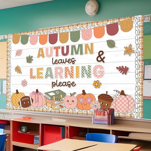 Autumn Bulletin Board Set Fall Classroom Decoration Autumn Leaves & Learning Please Cutouts Retro Groovy Leaves Pumpkins for School Home Office Chalkboard Whiteboard Wall Window Door Decor Supplies in Saudi Arabia