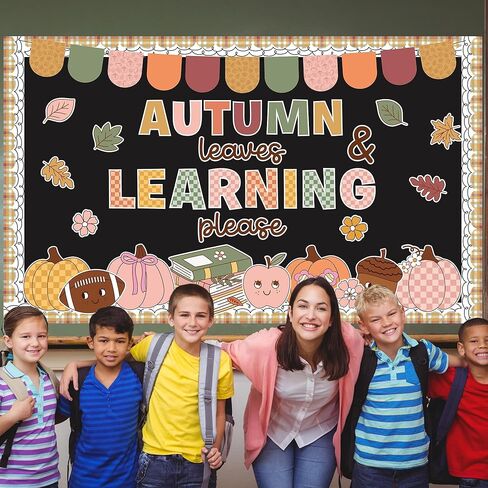 Autumn Bulletin Board Set Fall Classroom Decoration Autumn Leaves & Learning Please Cutouts Retro Groovy Leaves Pumpkins for School Home Office Chalkboard Whiteboard Wall Window Door Decor Supplies in Saudi Arabia