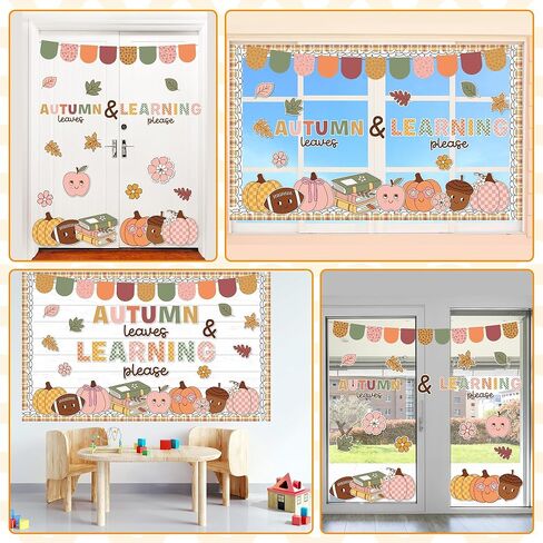 Autumn Bulletin Board Set Fall Classroom Decoration Autumn Leaves & Learning Please Cutouts Retro Groovy Leaves Pumpkins for School Home Office Chalkboard Whiteboard Wall Window Door Decor Supplies in Saudi Arabia