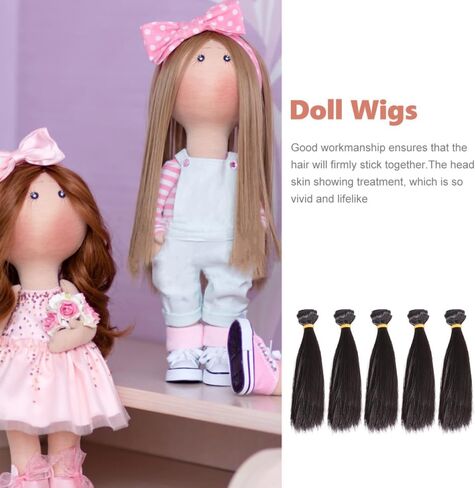 Doll Mini Wig 5pcs مجموعة 15 سم ملحقات الشعر الأسود المستقيم للدمى حرير درجات الحرارة العالية مع تصميم شبكة وردة سهلة سهلة in Kuwait