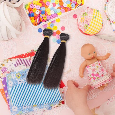Doll Mini Wig 5pcs مجموعة 15 سم ملحقات الشعر الأسود المستقيم للدمى حرير درجات الحرارة العالية مع تصميم شبكة وردة سهلة سهلة in Kuwait