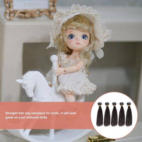 Doll Mini Wig 5pcs مجموعة 15 سم ملحقات الشعر الأسود المستقيم للدمى حرير درجات الحرارة العالية مع تصميم شبكة وردة سهلة سهلة in Kuwait