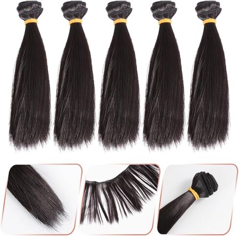 Doll Mini Wig 5pcs مجموعة 15 سم ملحقات الشعر الأسود المستقيم للدمى حرير درجات الحرارة العالية مع تصميم شبكة وردة سهلة سهلة in Kuwait