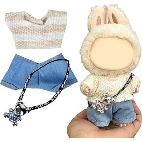 ملابس دمية 17 سم | مجموعة الأزياء kawaii الأنيقة مجموعة للدمى | ملابس من 3 قطع مع قمة مخططة محبوكة ، جينز أزرق وظهر الدب (لا دمية) in Kuwait