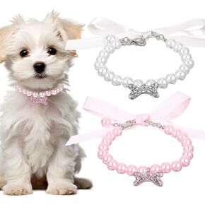 2pcs dog cat pearl jolar necklace with inhinestone bone ، jewely jews jews for girl cat pet pet dogs accessories bling (s ، pink ، white) in Kuwait