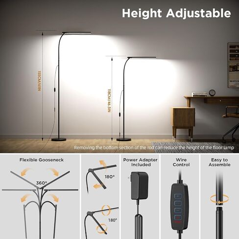 24W Ultra-Bright LED Floor Lamp for Living Room, 2400LM Double Head Craft Light with Adjustable Panels Gooseneck Lamp, Tall Standing Lamp for Office/Reading/Bedroom/Piano/Tattoo/Sewing/Puzzle/Lash in Saudi Arabia