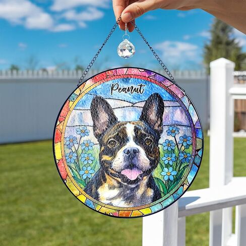 Custom Photo Pet Stained Glass Window Hanging, Dog Memorial Suncatcher Picture, Sympathy Gift for Loss of Pet, Remembrance Gift for Dog, Lovers Cat Bereavement Keepsake with Photo Style 3 in Kuwait