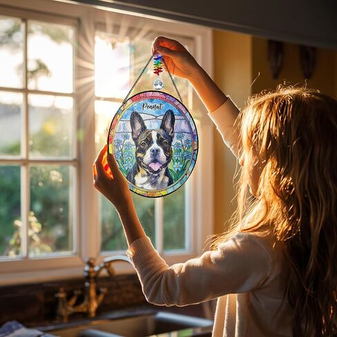 Custom Photo Pet Stained Glass Window Hanging, Dog Memorial Suncatcher Picture, Sympathy Gift for Loss of Pet, Remembrance Gift for Dog, Lovers Cat Bereavement Keepsake with Photo Style 3 in Kuwait