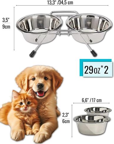 Pet Bowls for Dogs and Cats, with 2 Bowls, Iron Stand Base, Double Bowl Stand, Two Steel Removable (7oz) in Saudi Arabia