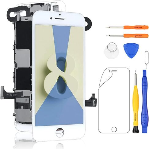 استبدال شاشة Yodoit لهاتف iPhone 8 باللون الأبيض مع زر الصفحة الرئيسية، وكاميرا أمامية، ومكبر صوت للأذن، ومحول رقمي لشاشة LCD كاملة ومجموعة أدوات إصلاح، وواقي (موديل A1863، A1905، A1906) in Saudi Arabia