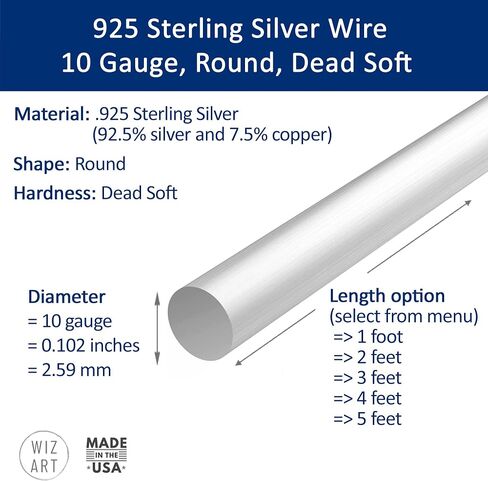 10 Gauge, Round, Dead Soft, 925 Sterling Silver Wire - 1 FT - for Jewelry Art from WIZART in Kuwait