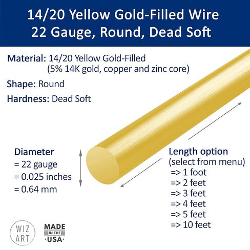 28 Gauge, Round, Dead Soft, 14/20 Yellow Gold-Filled Wire - 1 FT - for Jewelry Art from WIZART in Kuwait