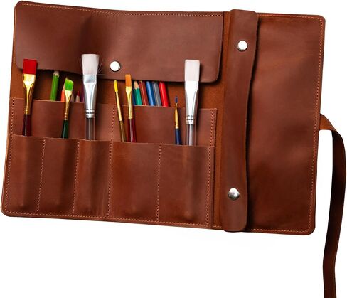 Handmade Artist Pencil Case for Adults Women, Leather Pencil Roll, Artist Gifts, Pencil Wrap Roll Up Case, Leather Paint Brush Case, Warm Brown in Saudi Arabia
