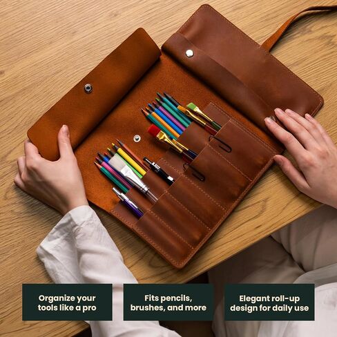 Handmade Artist Pencil Case for Adults Women, Leather Pencil Roll, Artist Gifts, Pencil Wrap Roll Up Case, Leather Paint Brush Case, Warm Brown in Saudi Arabia