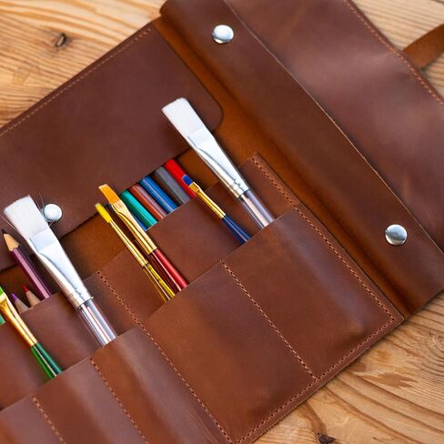 Handmade Artist Pencil Case for Adults Women, Leather Pencil Roll, Artist Gifts, Pencil Wrap Roll Up Case, Leather Paint Brush Case, Warm Brown in Saudi Arabia