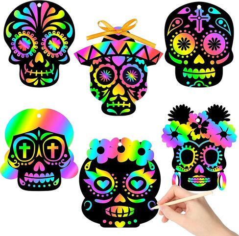 WATINC 60pcs Day of The Dead Skull Scratch Cards Art Hanging Ornaments, DIY Sugar Skull Color Card Craft Kit for Dia De Los Muertos Halloween School Party Supplies Decorations for Kids Adults in Saudi Arabia