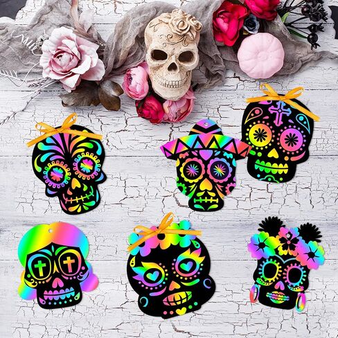 WATINC 60pcs Day of The Dead Skull Scratch Cards Art Hanging Ornaments, DIY Sugar Skull Color Card Craft Kit for Dia De Los Muertos Halloween School Party Supplies Decorations for Kids Adults in Saudi Arabia