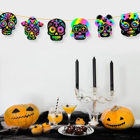 WATINC 60pcs Day of The Dead Skull Scratch Cards Art Hanging Ornaments, DIY Sugar Skull Color Card Craft Kit for Dia De Los Muertos Halloween School Party Supplies Decorations for Kids Adults in Saudi Arabia