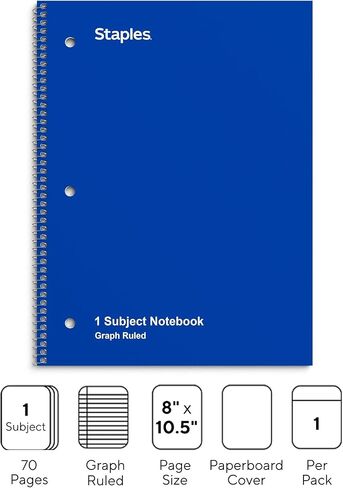 Staples 132712 1-Subject Notebook 8-Inch x 10.5-Inch Graph Ruled 70 Sheets Blue (23985B) in Saudi Arabia