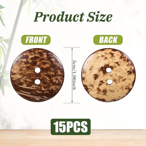 15 PCS Natural Coconut Shell Buttons, 2 Inch Large Coconut Buttons Coconuts 2 Holes Button Bulk Brown Wooden Sewing Replacement Button for Sewing DIY Crafts Clothes Decorations (50 mm) in Kuwait