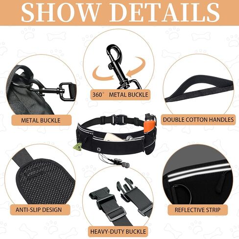 Waist Leash for Dog Walking, Waist Running Leash with Zipper, Walking Pouch for Dog Walking, Reflective Dual Padded Handles Walking Leashs, Bungee Retractable Running for Medium to Large Dogs in Saudi Arabia