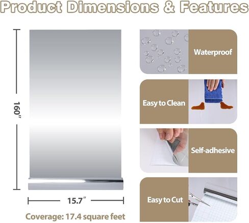 Glossy Silver Metallic Vinyl Wallpaper Peel and Stick Reflective Non Glass Mirror Stickers 15.7"x160" Flexible Mirror Sheet Adhesive Vinyl Silver Chrome Wall Decor for Kitchen Cabinet Crafts in Saudi Arabia
