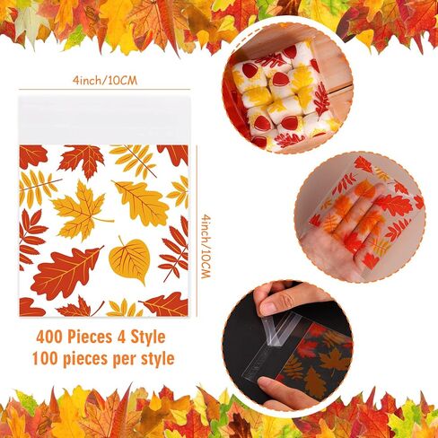 Whaline 400pcs حقيبة سقوط السيلوفان 4 أنماط من البلاستيك اليقطين ورقة القيقب ذاتية اللصق حقيبة الشكر الشكر جيدة أكياس الوجبات الخفيفة الحلوى لعيد الشكر لصالح حفلة الخريف لحفلات الخريف in Saudi Arabia