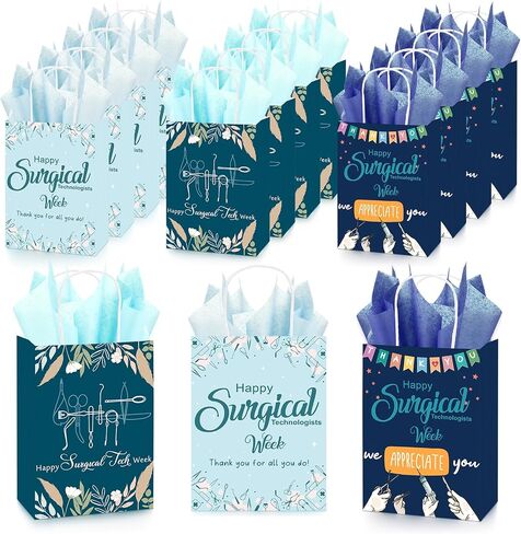 SINLOAD 24 PACK أكياس الهدايا التكنولوجية الجراحية بشكل كبير مع ورق الأنسجة الجراحي الأسبوع ، شكرًا لك أكياس الهدايا الورقية لجراح CST Doctor Medical Assistant ، 8.27 "× 5.91" × 3.15 " in Kuwait
