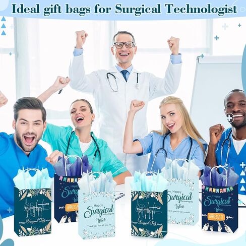 SINLOAD 24 PACK أكياس الهدايا التكنولوجية الجراحية بشكل كبير مع ورق الأنسجة الجراحي الأسبوع ، شكرًا لك أكياس الهدايا الورقية لجراح CST Doctor Medical Assistant ، 8.27 "× 5.91" × 3.15 " in Kuwait